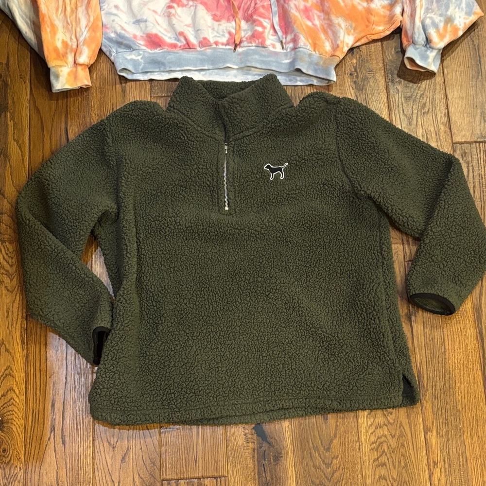 PINK Victoria's Secret Olive Green Sherpa Pullover